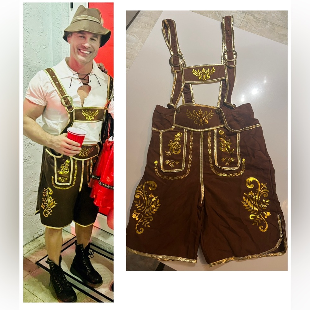 Men’s Brown Lederhosen Shorts with Gold embellishment Halloween costume